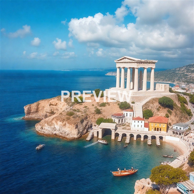 An ancient Greek-style temple with tall columns is situated on a small hill overlooking the sea, with boats docked along the shore and a partly cloudy sky overhead.